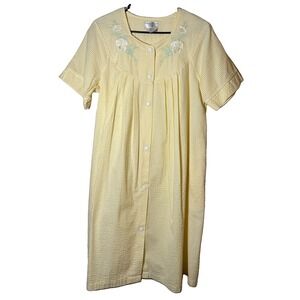 VTG Amanda Stewart Intimates Robe Women L Yellow Seersucker Floral Embroidered